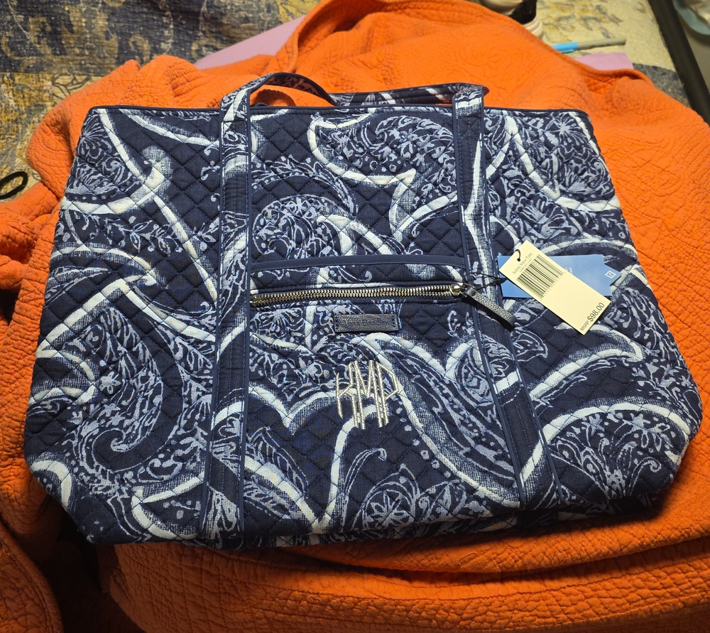 Vera Bradley Quilted Navy Paisley Tote with Front Zip Pocket